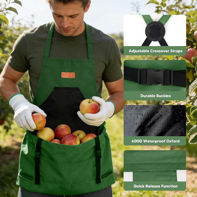 3PCS Gardening Apron, Harvest Apron with Shears and Gloves for Women, Men | Cross-Back, Large Quick Release Pocket, 600D Oxford Fabric, Heavy-Duty Garden Apron for Fruit Picking, Field Work, Harvesting