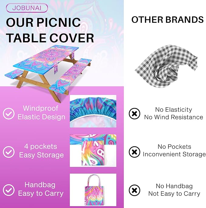 Jobunai 3 Piece Picnic Table Cover with Bench Covers 72x30In Fitted Elastic Heavy Duty Camping Table Cloths Camp Motorhome Gear Garden Festival Stuff Road Trip Outdoors Must Haves Gifts for Mom Dad