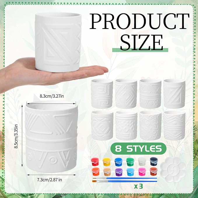 Zubebe 16 Pcs Paint Your Own Flower Ceramic Pots with Drainage Hole, 8 Style Bohemian Unfinished Succulent Pots Painting Kit Mini Paintable Vase for Summer Spring Classroom Craft Gift DIY Art Activity