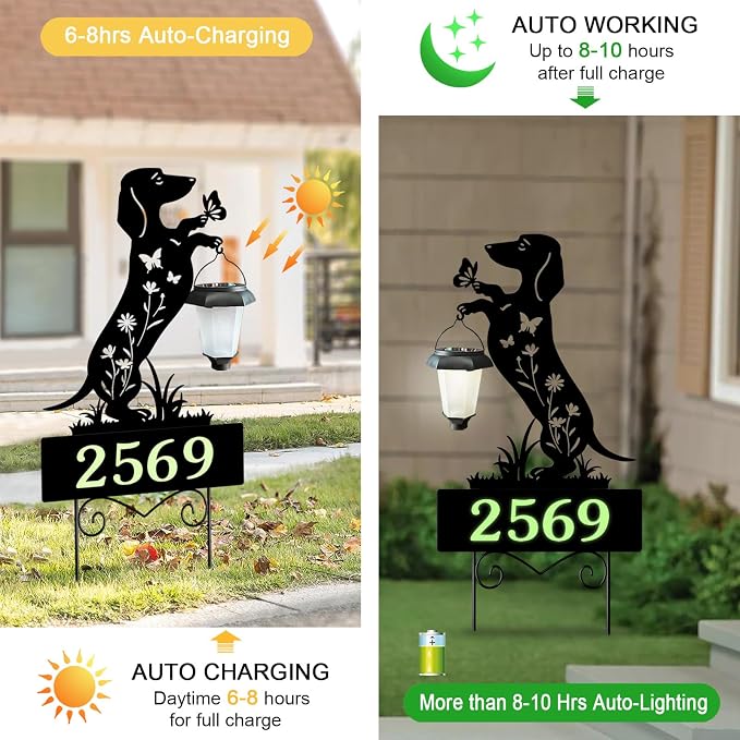 Solar House Numbers for Outside,Metal Dachshund Dog Address Signs for Houses with Glow in the Dark,Outdoor Decorative for Garden,Lawn,Patio,Path