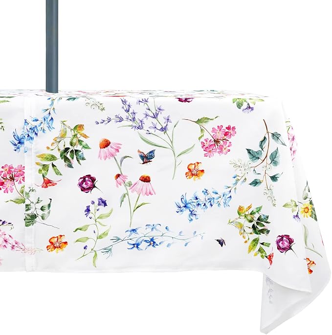 Outdoor Tablecloth with Umbrella Hole and Zipper, Patio Table Covers for Spring/Summer, Machine Washable Outdoor Party/Picnic Rectangle Table Cloth 60 x 84 in
