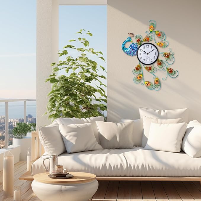 Unique Outdoor Clock Silent None-Ticking, Outdoor Wall Clock with Thermometer, Waterproof Outside Clock for Patio, Living Room, Kitchen (Blue Peacock)