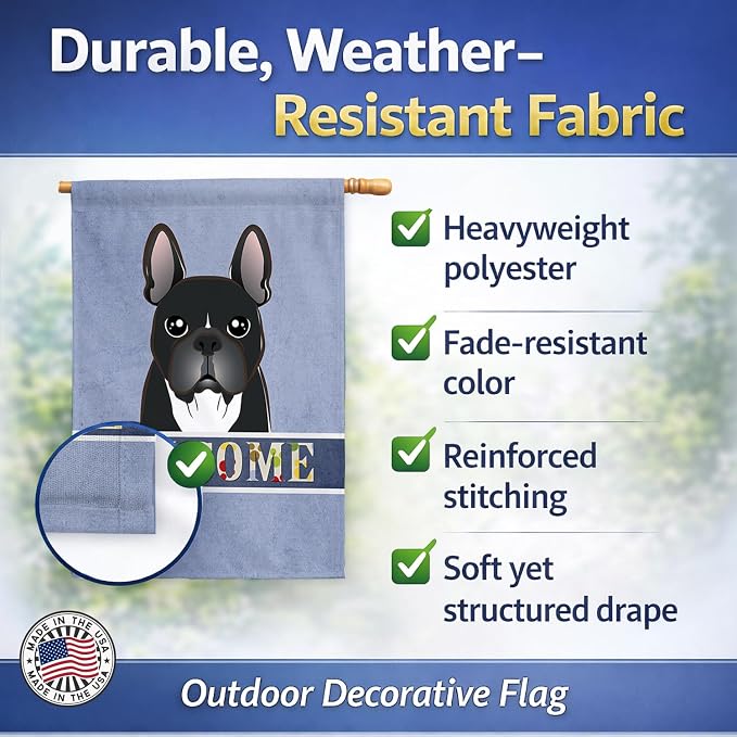 Caroline's Treasures BB1413CHF French Bulldog Welcome House Flag, Blue Large Porch Sleeve Pole Decorative Outside Yard Banner Artwork Wall Hanging, Polyester, House Size, Multicolor