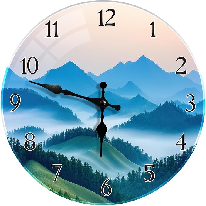 Britimes Round Wall Clock Silent Non-Ticking Battery Operated Outdoor Waterproof Glass Clock 12 Inch, Green Forest Mountain Home Decor for Living Room, Kitchen, Bathroom, Bedroom, and Office