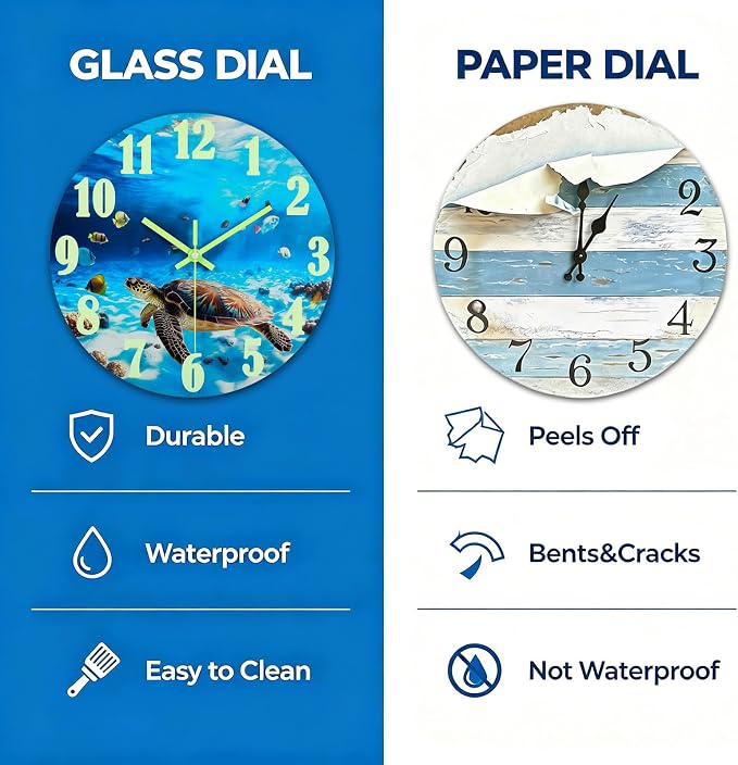 jomparis Outdoor Clocks Waterproof 12 Inch Coastal Sea Turtle Luminous Glass Wall Clock for Pool Patio Bathroom