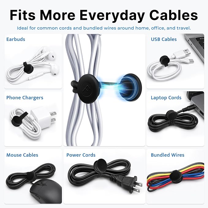COOLMI Magnetic Cable Ties 8 Pack, 6.88 Inch Reusable Silicone Cord Organizer Wraps, Strong Magnet Cable Management Straps for Charging Cords, USB Cables, Earbuds, Desk, Travel, Black