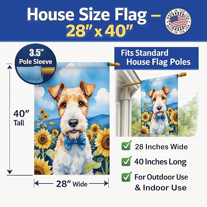 Caroline's Treasures DAC6079CHF Fox Terrier in Sunflowers House Flag Large Porch Sleeve Pole Decorative Outside Yard Banner Artwork Wall Hanging, Polyester, House Size, Multicolor