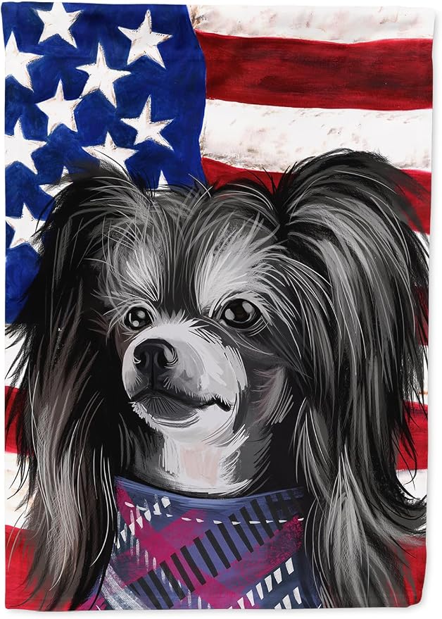 Caroline's Treasures CK6487CHF Chinese Crested Dog American Flag House Flag Large Porch Sleeve Pole Decorative Outside Yard Banner Artwork Wall Hanging, Polyester, House Size, Multicolor