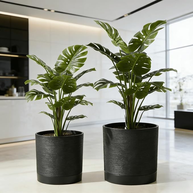 GreenShip Planter Set of 2 (13.7" & 11.8") – Dual-Use Self-Watering or Traditional Indoor Cylinder Flower Pots with Saucers & Side Drainage – Durable Lightweight Clay & Resin Blend
