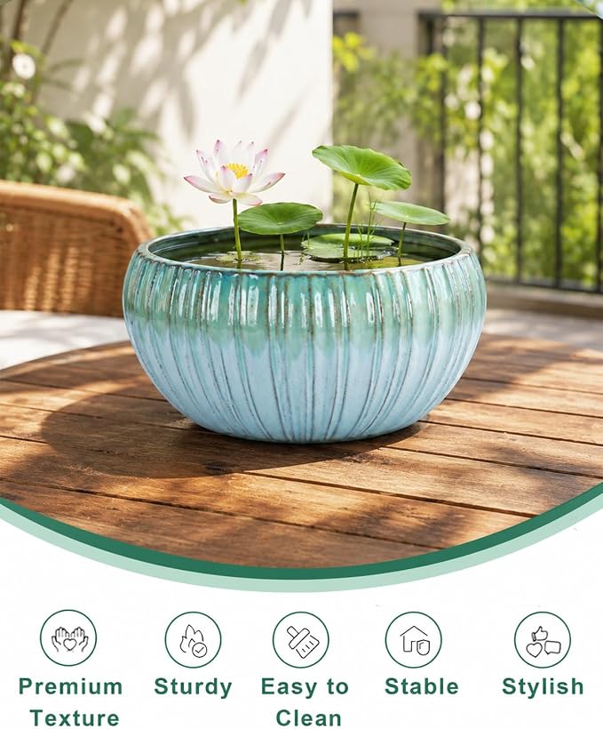 vensovo Round Ceramic Lotus Planter Pot - 11 Inch Large Lotus Flower Bowl, Water Lily Bowl Planter for Aquatic Plants, Bonsai Trees(Green Gradient)