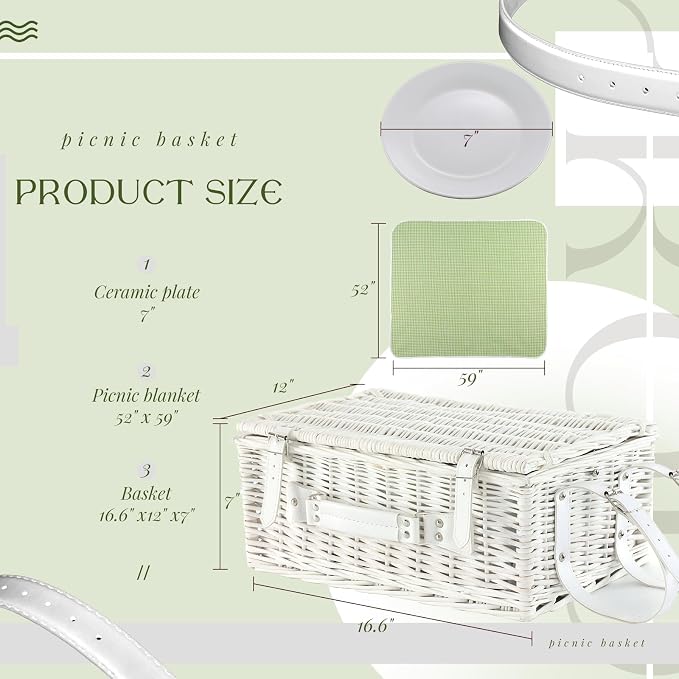Picnic Basket Set for 4 with Waterproof Blanket Mat Insulation Bag Wicker White Green Plaid Classic Fresh Gift for Christmas Thanksgiving Wedding Birthday Camp Outdoor Beach Travel