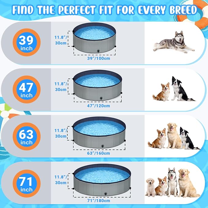Dog Kiddie Pool for Small Medium Dogs, Kids, 39" Gray | Includes Repair Patches, Non-Slip Bottom, Scratch-Resistant, Collapse Prevention, Indoor & Outdoor Use, Easy Maintenance