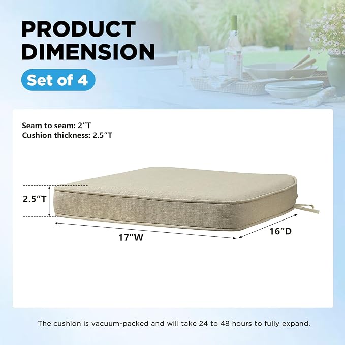 17 x 16 Inch Outdoor Chair Cushions with Tie Straps, Set of 4 Thick Water Repellent Round Patio Chair Pads for Garden Lawn Patio Furniture, Linenweave Tan