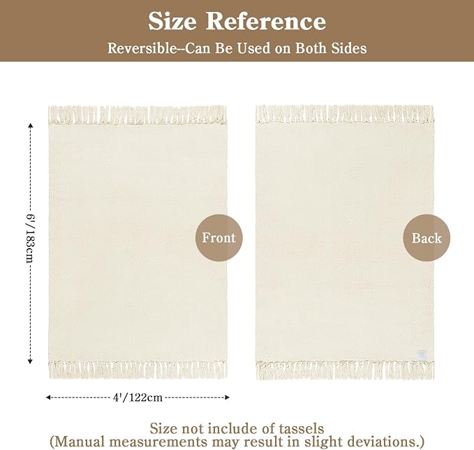 4' x 6' Bedroom Area Rug, White Modern Indoor Outdoor Rug | Boho Farmhouse Living Room Rugs, White Hand Woven Comfy Bedside Mats, Reversible Braided Dining Room Carpet for Nursery Patio