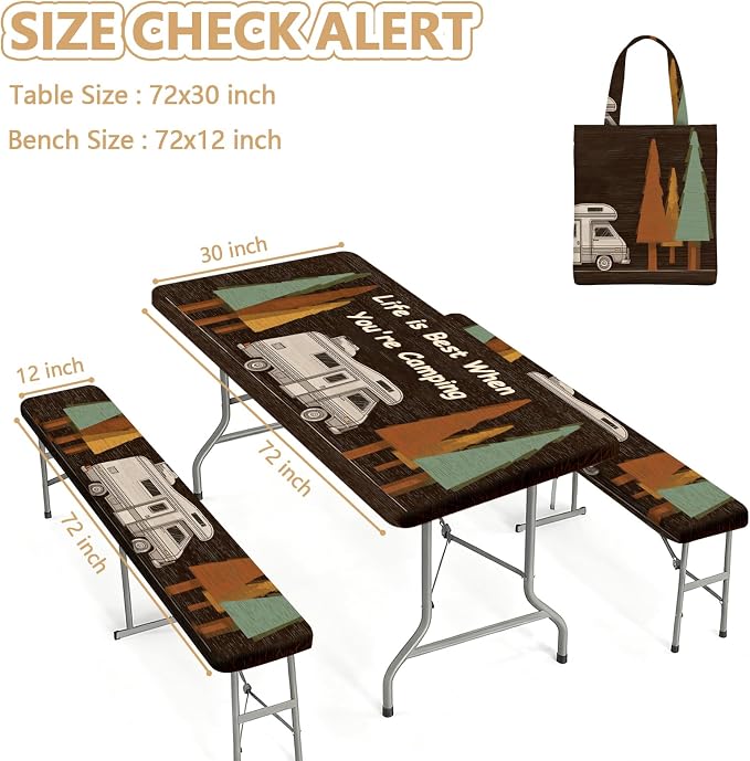 Picnic Table Cover with Bench Covers Elastic Edges, Outdoor Patio Camping Essentials 72 Inch 3PCS, Waterproof Camping Fitted Tablecloth with Handbags (Life is Best When You're Camping)