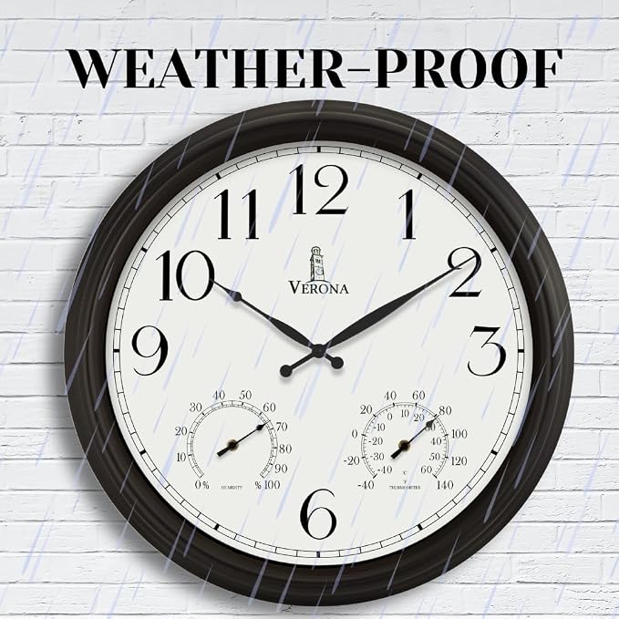 24 inch Outdoor Clocks for Patio Large Waterproof with Thermometer - Black Outdoor Wall Clock with Temperature and Humidity Combo - Weatherproof, Accurate & Easy to Read for Pool, Garden & Home Decor