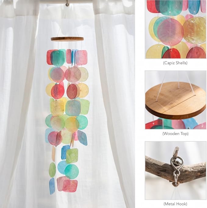 Solange & Frances Colorful Beachy Home Decor Wind Chimes for Outside. Capiz Shell Wind Chimes, Relaxing Beach Gift for Women, Gifts for Mom and Birthday Gifts for Women
