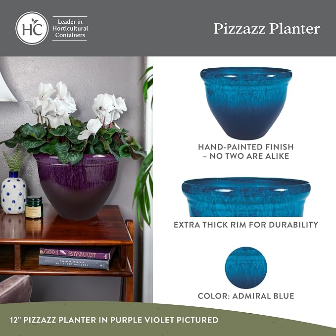 The HC Companies Pizzazz Decorative Round Flower Pots w/Ceramic Look - UV-Resistant Decorative Pot for Outdoor & Indoor Plant Pots - Modern Planter for Flower, Herbs (12” Admiral Blue, Pack of 1)