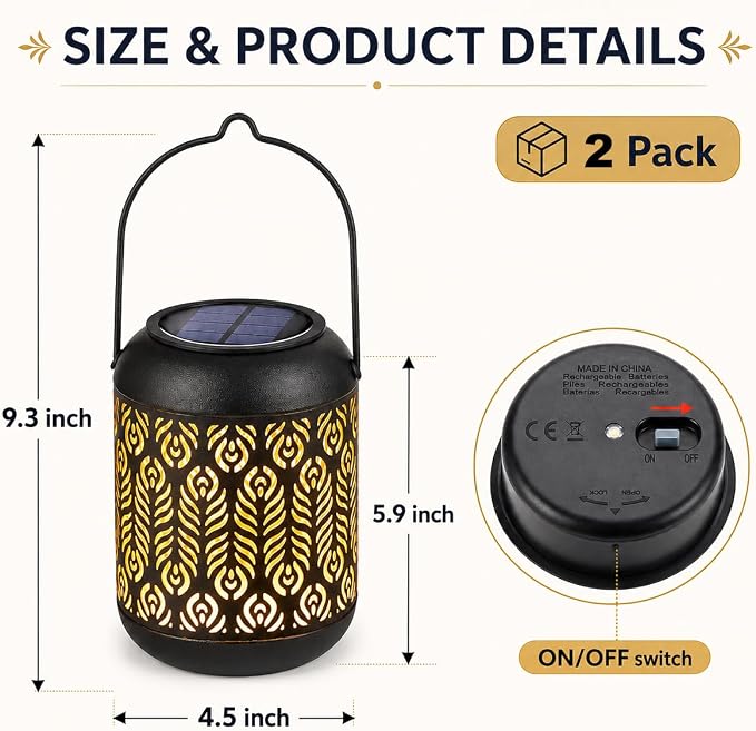 LeiDrail Solar Lantern Outdoor Hanging Lanterns Garden Metal Decorative Light Warm White LED Waterproof Landscape Lighting for Table Pathway Party Yard - 2 Pack