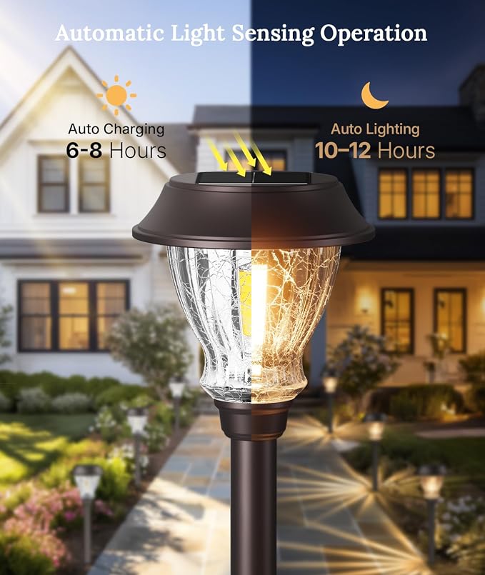 XMCOSY+ Solar Pathway Lights Outdoor, 8 Pack Decorative Crackled Glass Garden Lights, Soft Warm White Glow, Auto On/Off Waterproof Landscape Lighting for Yard Walkway Patio
