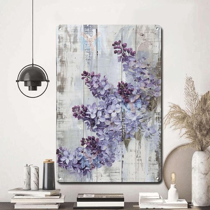 Metal Sign Tin Sign Vintage Wall Art Antique Spring Lilacs Tin Sign for Shabby Chic Gardens Soft Purple Hue Displays and Corrosion Res Bathroom Signs Decor for Club 12×16 Inches