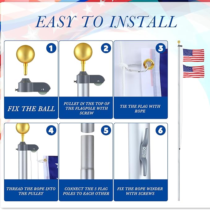 FuWeave Flagpoles for Outside House in Ground 25 ft Sectional Flag Pole Kit Extra Thick 16 Gauge Heavy Duty Aluminum Flag Pole with Gold Ball Top for Residential or Commercial (Silver)