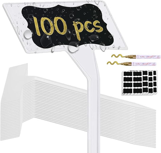 100 Pack 11.8" White Plant Labels for Outdoor Garden Waterproof, T-Type Garden Label Stakes with Black Stickers & Gold Pen, Tall Plant Markers and Plant Tags for Vegetables, Herbs, Flowers