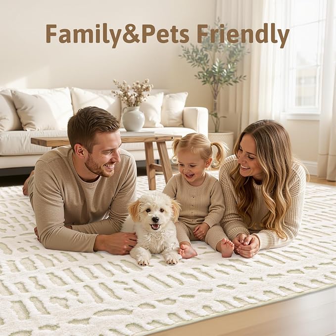 Yamaziot Washable 6x9 Area Rugs for Living Room Non Slip Ivory Beige | Modern High-Low Textured Geometric Pattern, Soft Fluffy, Neutral, Minimalist Floor Carpet for Bedroom Dining Room Kids Room