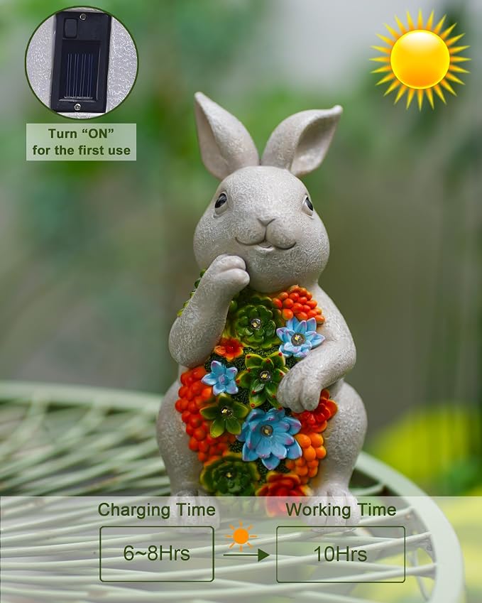 Solar Garden Outdoor Statues Bunny with Succulent | 7 LED Lights, Lawn Decor Statue for Patio, Balcony, Yard Ornament, Gifts for Mom Grandma Women