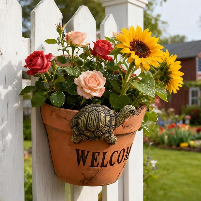 Rustic Turtle Welcome Wall Planter Pot Resin Clay Look Cute Planters for Indoor Outdoor Dry & Artificial Flowers Planters for Porch Garden Pots Gift for Garden Lovers