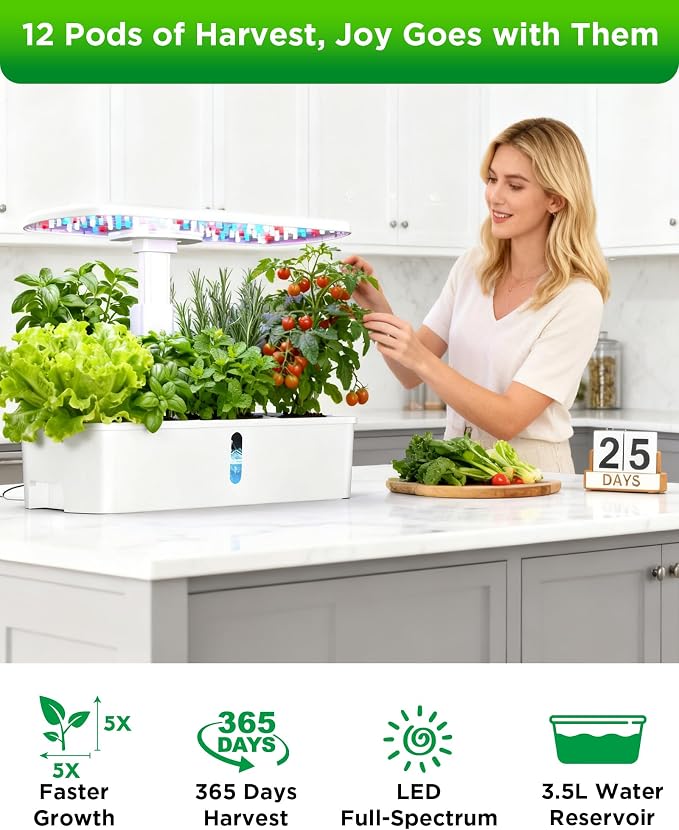 Smart Hydroponics Growing System Kit,12 Pods Indoor Herb Garden with 24W LED Grow Light Planting Adjustable Height Up to 13", Quiet Water Pump, Ideal Gift for All Ages