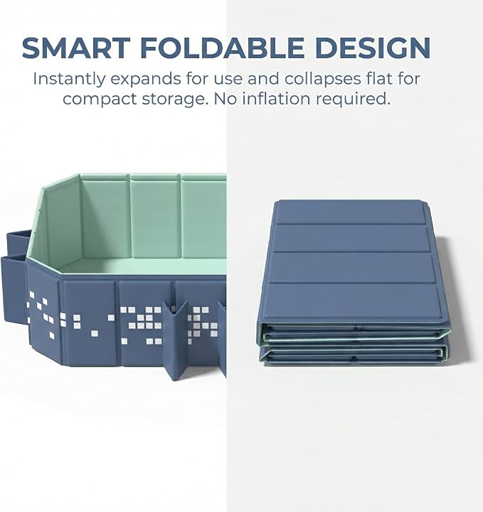 Foldable Pool Non-Inflatable, Large Collapsible Swimming Pool for Kids Adults, Hard PVC Board, 10 Triangle Supports, Family Backyard Outdoor Pool, Blue（86.6" × 53.1" × 19.7"）