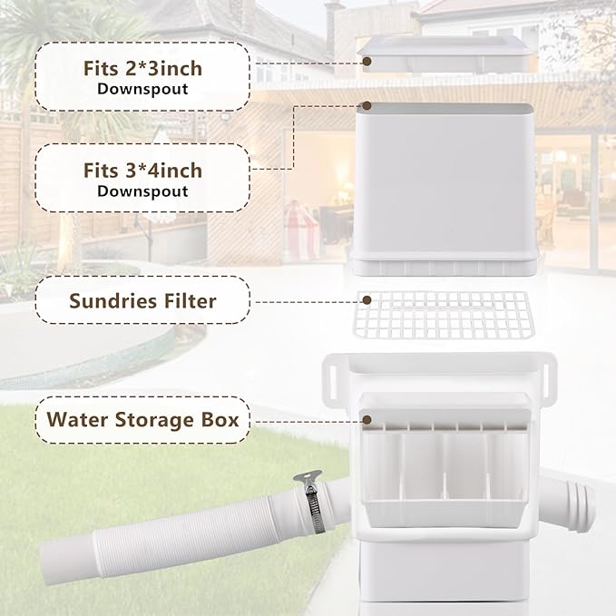 Rainwater Collection System, Rain Barrel Diverter Kit for 2x3”and 3x4” Downspouts, with Filtration and Hose, Rain Diverter, Downspout Diverter, White