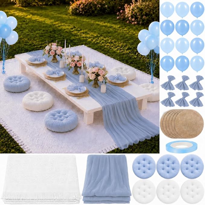 Cinrobiye Boho Picnic Party Set for Outdoor, Aesthetic Picnic Setup with Large Picnic Blanket, Floor Cushions, Table Runner, Napkins, Balloons for Wedding, Bridal Shower, Birthday (Blue)