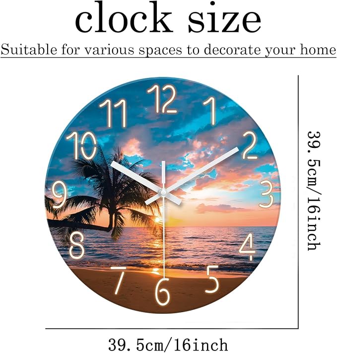 XFM Beach Wall Clocks Battery Operated 16 Inch Palm Tree Wall Clocks for Living Room Bedroom Big Round Glass Silent Wall Clock Non Ticking Sunset Tropical Seashore Clock