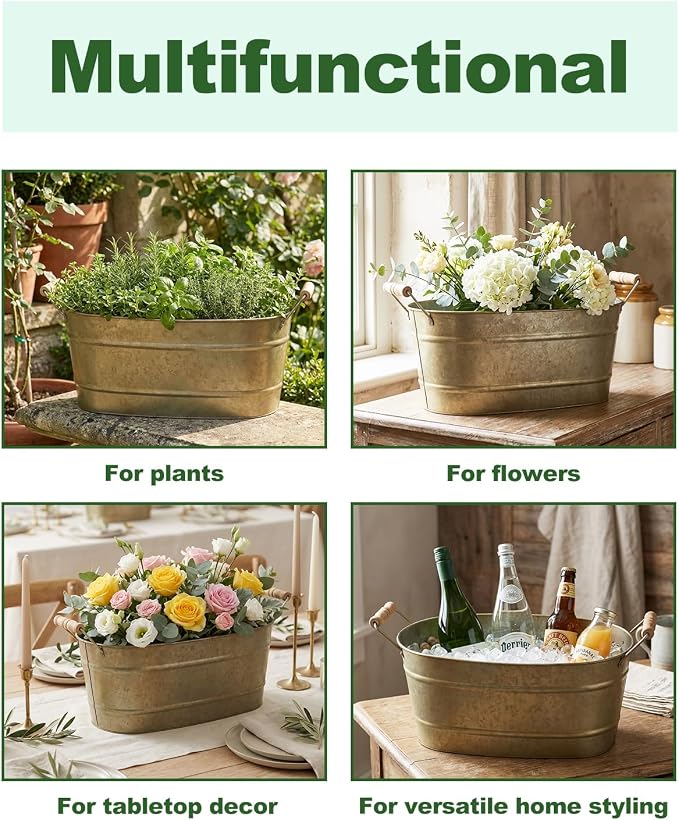 vensovo 15 Inch Galvanized Planters for Outdoor Plants - 3 Pcs Rustic Large Metal Flower Buckets with Drainage & Plug, Farmhouse Style Oval Planter Containers with Handles, Great for Home Decor