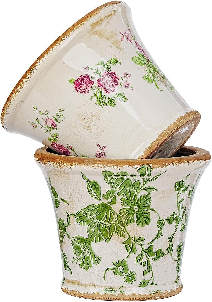 Sungmor Set of 2 Vintage Ceramic Flower Pots with Drainage Hole - Rustic Farmhouse Planters with Crackle Glaze & Floral Prints - Indoor Outdoor Decorative Plant Pots for Succulents, Herbs, Flowers