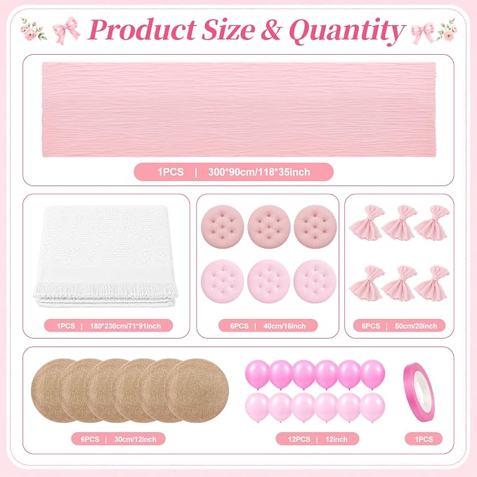 Cinrobiye Boho Picnic Party Set for Outdoor, Aesthetic Picnic Setup with Large Picnic Blanket, Floor Cushions, Table Runner, Napkins, Balloons for Wedding, Bridal Shower, Birthday(Pink)