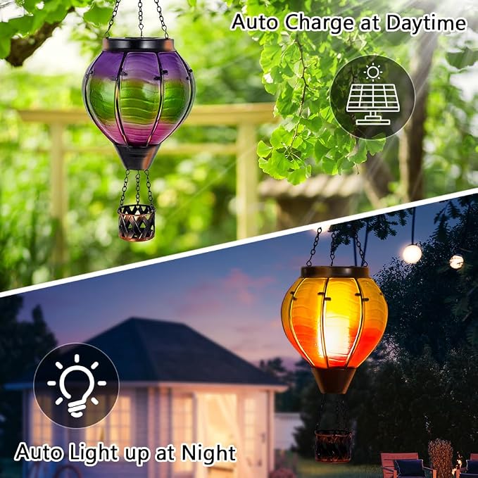 Hot Air Balloon Solar Lantern Flickering Flame | Gradient Color, Handmade Glass, , Waterproof Outdoor Lantern, Decor for Patio, Garden, Porch