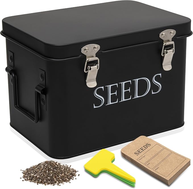 Garden Seed Storage Box with Dividers Seeds Packet Organizer Case for Gardening 3 Inner Slot Bird Plant or Vegetable Seed Container Saver Tin – Black Galvanized Metal with Envelopes & Labels