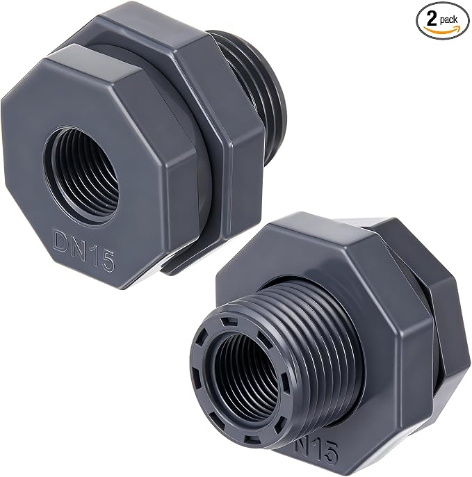 Bulkhead Fitting PVC Water Tank Connector Plumbing Pipe Threaded Bulkhead Fitting NPT for Rain Barrels, Water Tanks, Aquariums, Tubs, Pools(2 Pcs,1/2 Inch)