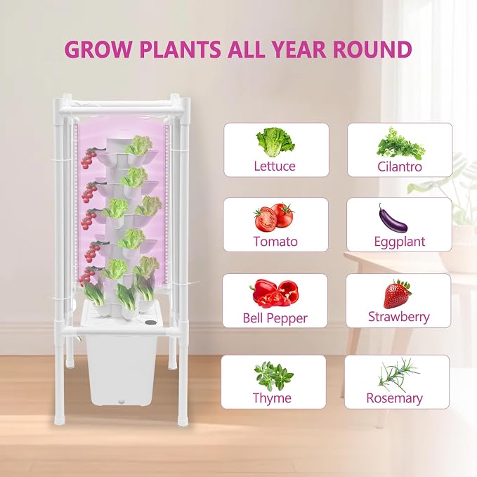 Hydroponic Tower Growing System Kits with LED Grow Lights 30 Pods Indoor Vertical Planter Germination Kit 6 Layers Hydroponic Tower for Fruits, Vegetables, Herbs, and Miniature Greens (White)