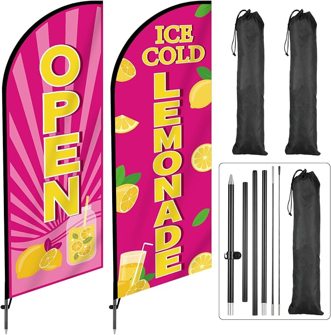 2 Sets Lemonade Feather Flag for Business Advertising 7 FT Summer Lemonade Swooper Flag Sign with Pole Ground Stake Portable Bag Windless Welcome Open Banner for Outside Garden Business Store (Pink)