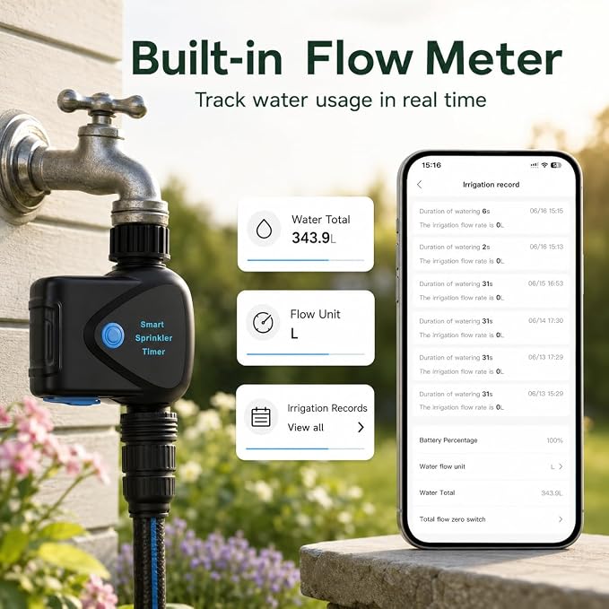 WiFi Water Timer with Built-in Flow Meter, Smart Garden Hose Controller, No Hub Required, 2.4GHz App Remote Control, Timed & Volume Watering, Rain Delay, IP65 Waterproof for Lawn Garden Greenhouse