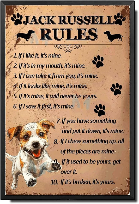 Metal Sign Tin Sign Vintage Wall Art Jack Russell Rules Metal Garden Signs for Restaurant 8×12 Inches with Metal Frame