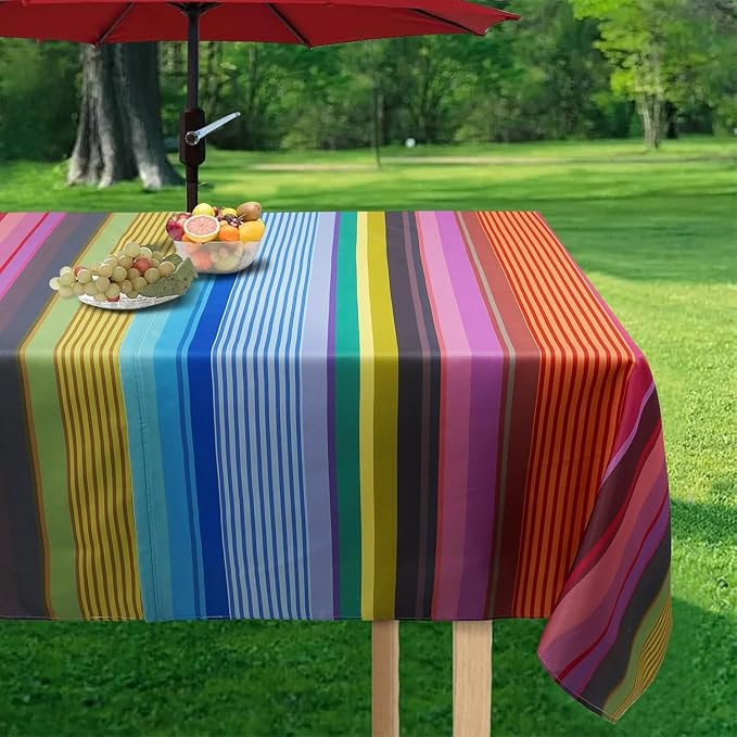 Outdoor Tablecloth with Umbrella Hole and Zipper, Rectangle Patio Table Covers for Spring/Summer, Machine Washable Outdoor Picnic Table Cloth (02stripes, 60" × 120" Rectangular)