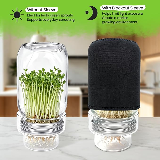 Sprouting Jar Kit, 2 Pack 32oz Wide Mouth Mason Jars | With Stainless Steel Sprout Lids, Glass Drip Covers, Blackout Sleeves - Complete Sprouts Growing Kit for Broccoli, Alfalfa