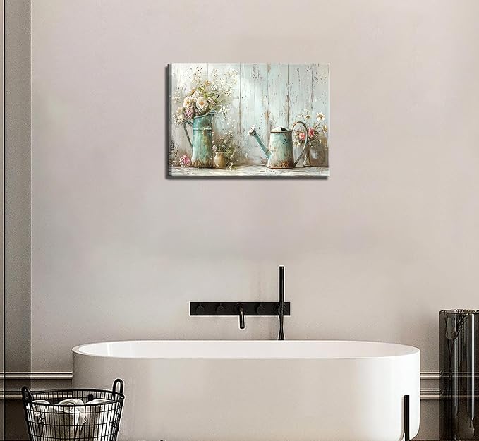 Farmhouse Flower Bathroom Canvas Wall Art Vintage Floral Decor Pictures White Daisy Flowers Watering Can Posters Prints for Bathroom Toilet Washroom Lavatory Home Decoration