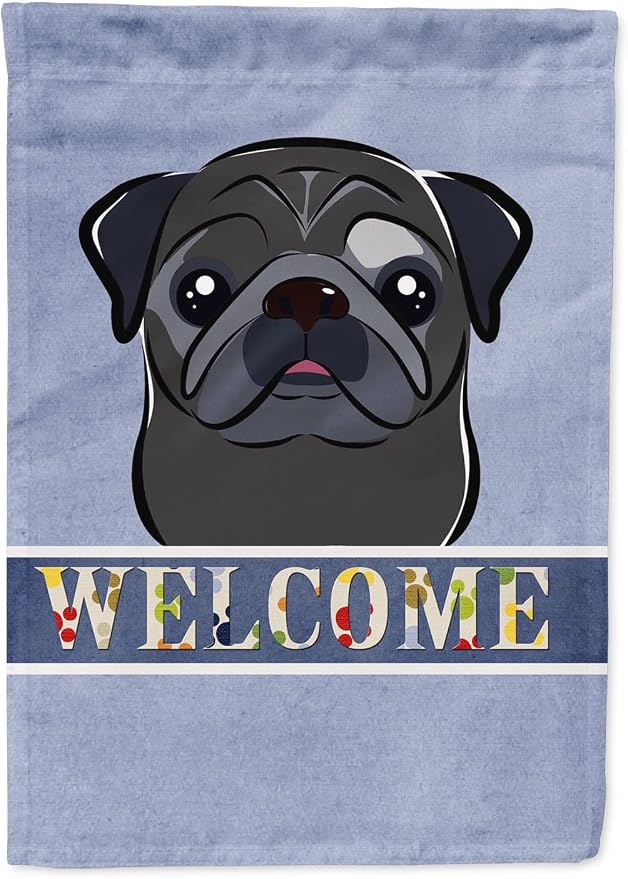 Caroline's Treasures BB1449CHF Black Pug Welcome House Flag, Blue Large Porch Sleeve Pole Decorative Outside Yard Banner Artwork Wall Hanging, Polyester, House Size, Multicolor