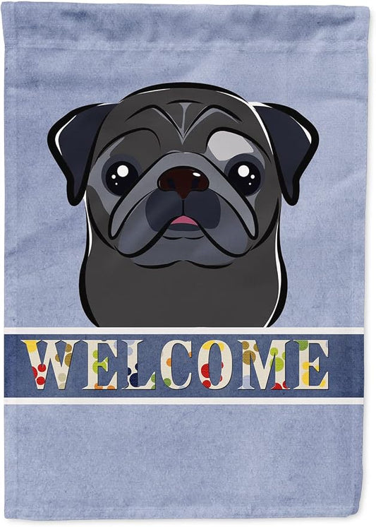 Caroline's Treasures BB1449CHF Black Pug Welcome House Flag, Blue Large Porch Sleeve Pole Decorative Outside Yard Banner Artwork Wall Hanging, Polyester, House Size, Multicolor